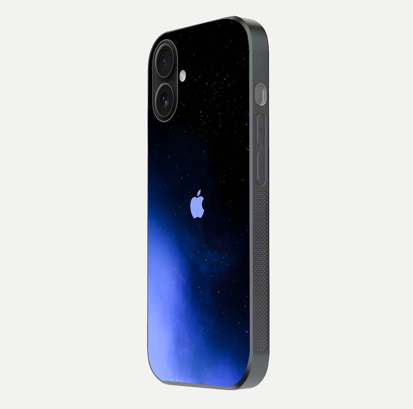 Cosmic Blue Apple Glass Case for iPhone 16 side-angle image showing curve polish and star detail