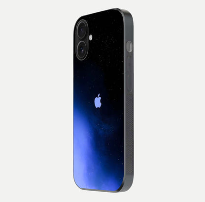 Cosmic Blue Apple Glass Case for iPhone 16 side-angle image showing curve polish and star detail