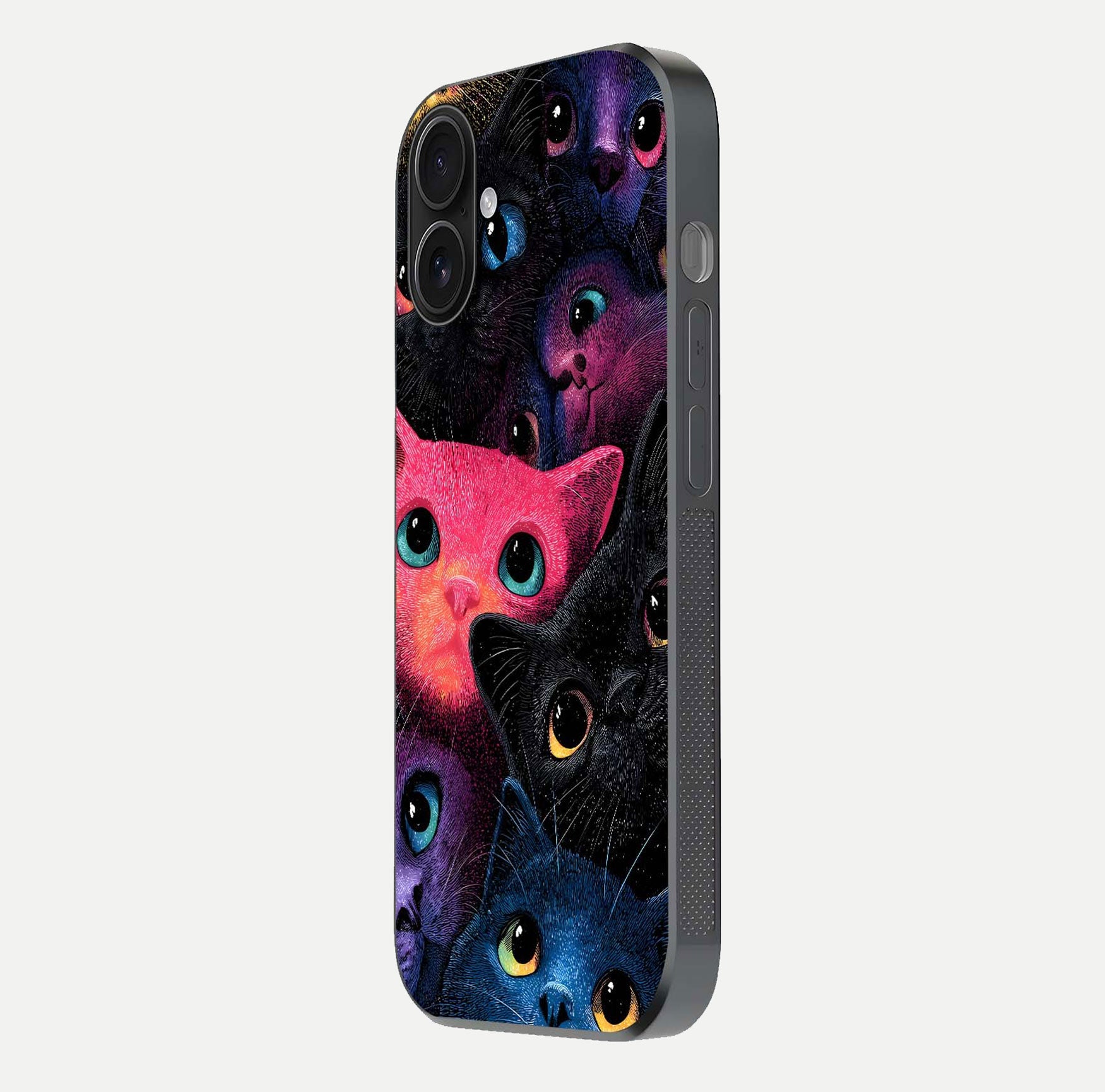 Cosmic Cats Dreams Glass Case for iPhone 16 side-angle photo showing edge gloss and color depth