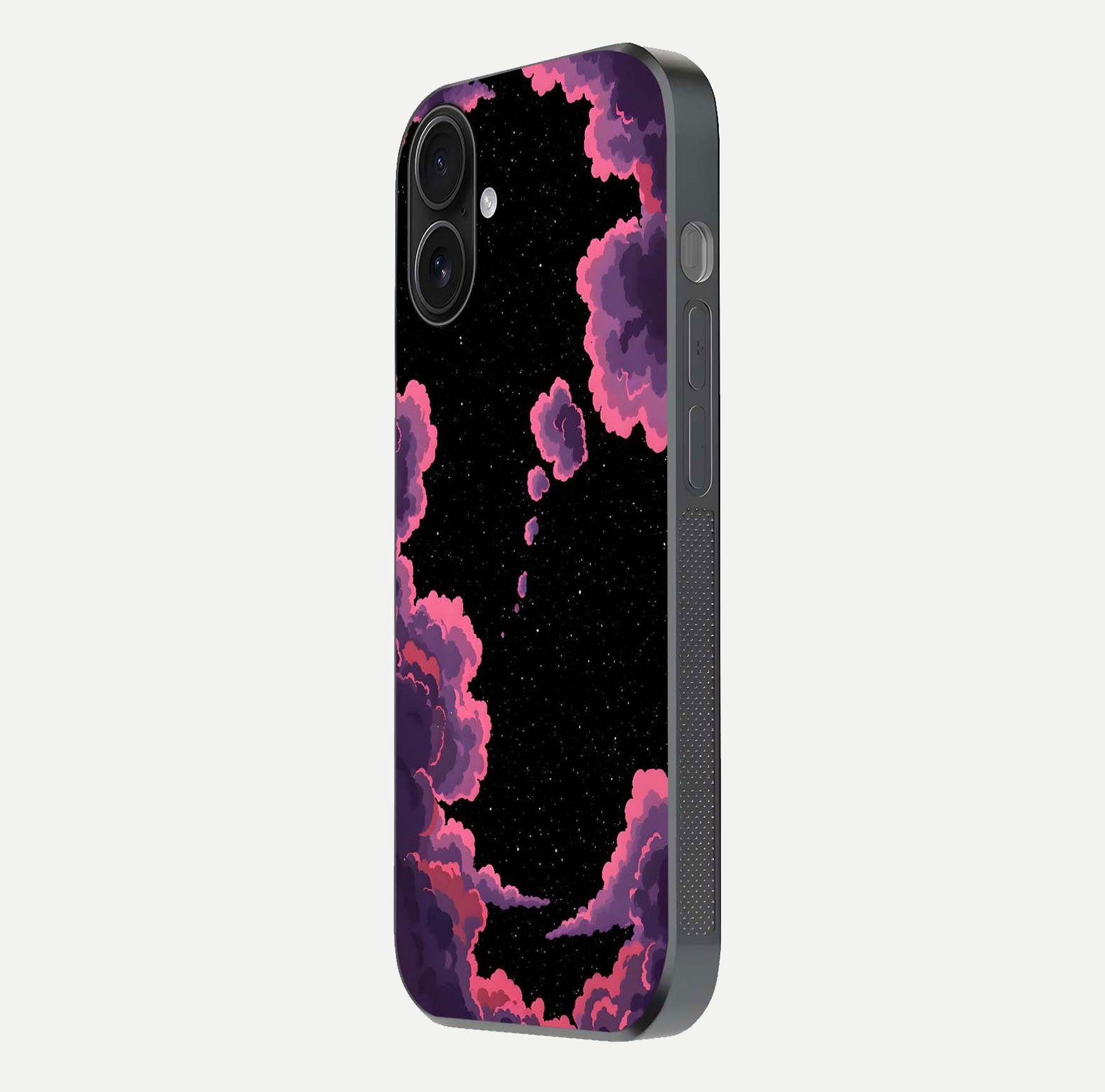 Cosmic Cloud Journey Glass Case for iPhone 16 side-angle photo showing glass reflection and smooth tone