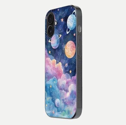 Cosmic Planet Dreams Glass Case for iPhone 16 side-angle image showing texture clarity and shine