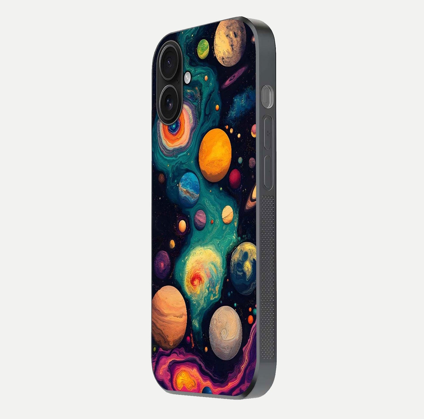 Cosmic Planet Journey Glass Case for iPhone 16 side-angle image capturing smooth gloss and reflective edges