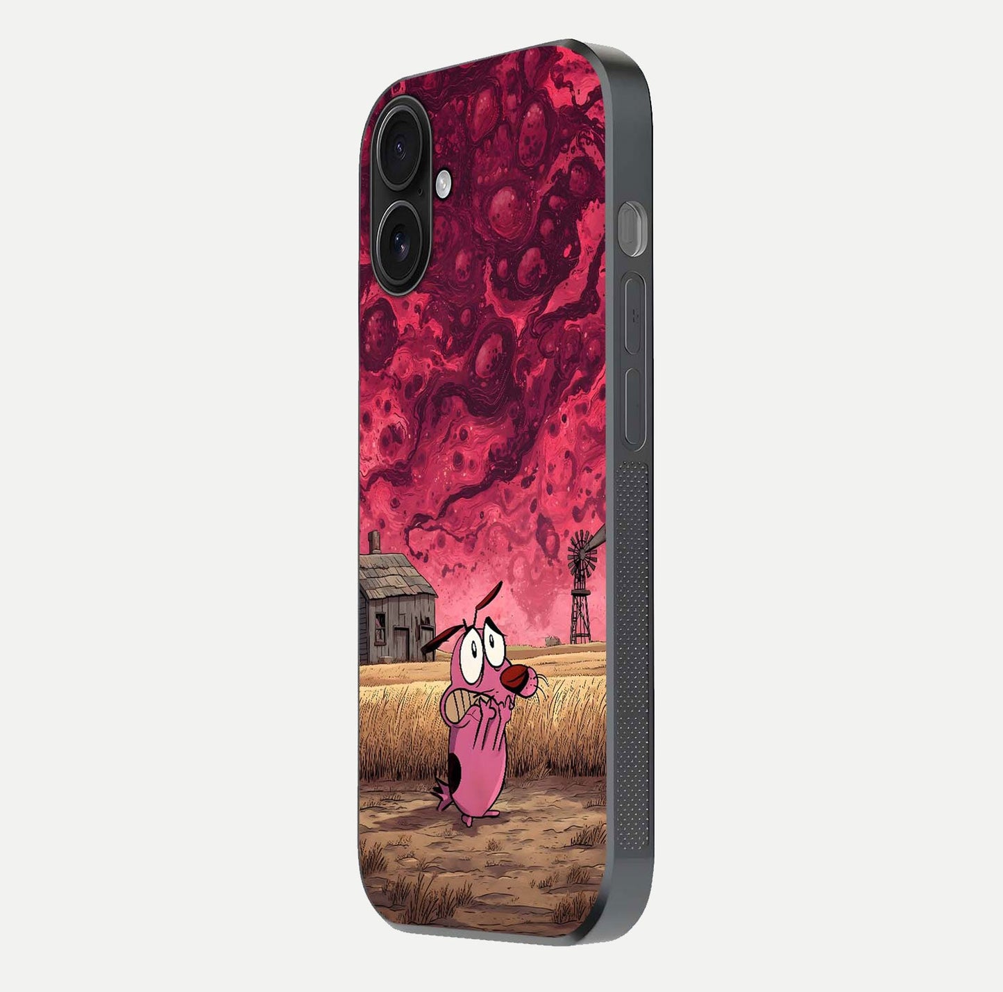 Courage Under Sky Glass Case for iPhone 16 side-angle photo showing gloss tone and curve highlight