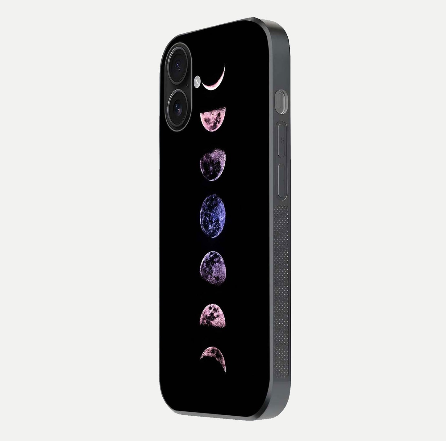 Crimson All Planets Glass Case for iPhone 16 side-angle photo capturing edge glow and glass reflection