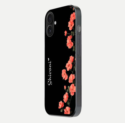 Crimson Bloom Grace Custom Name Glass Case for iPhone 16 side-angle photo capturing edge glow and name clarity