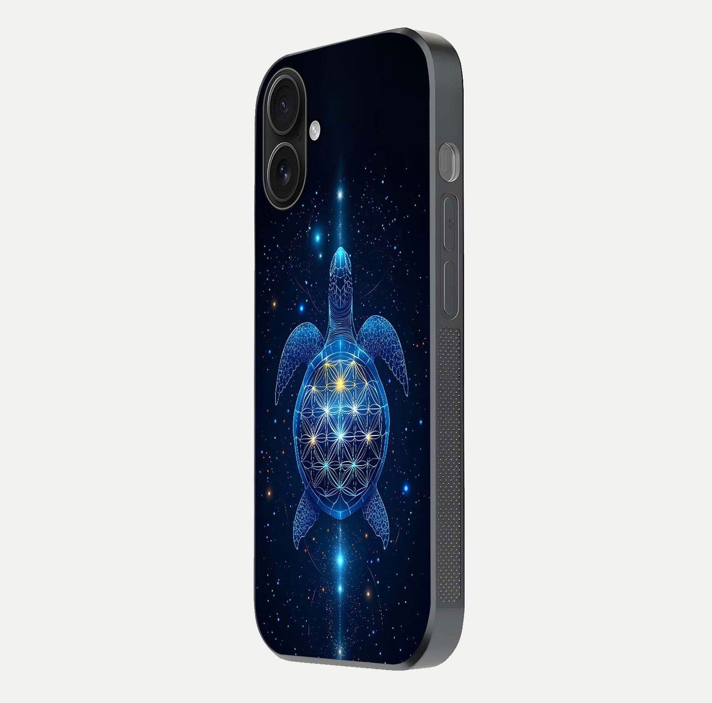 Crimson Blue Turtle Glass Case for iPhone 16 side-angle photo showing curved edge and glass gloss