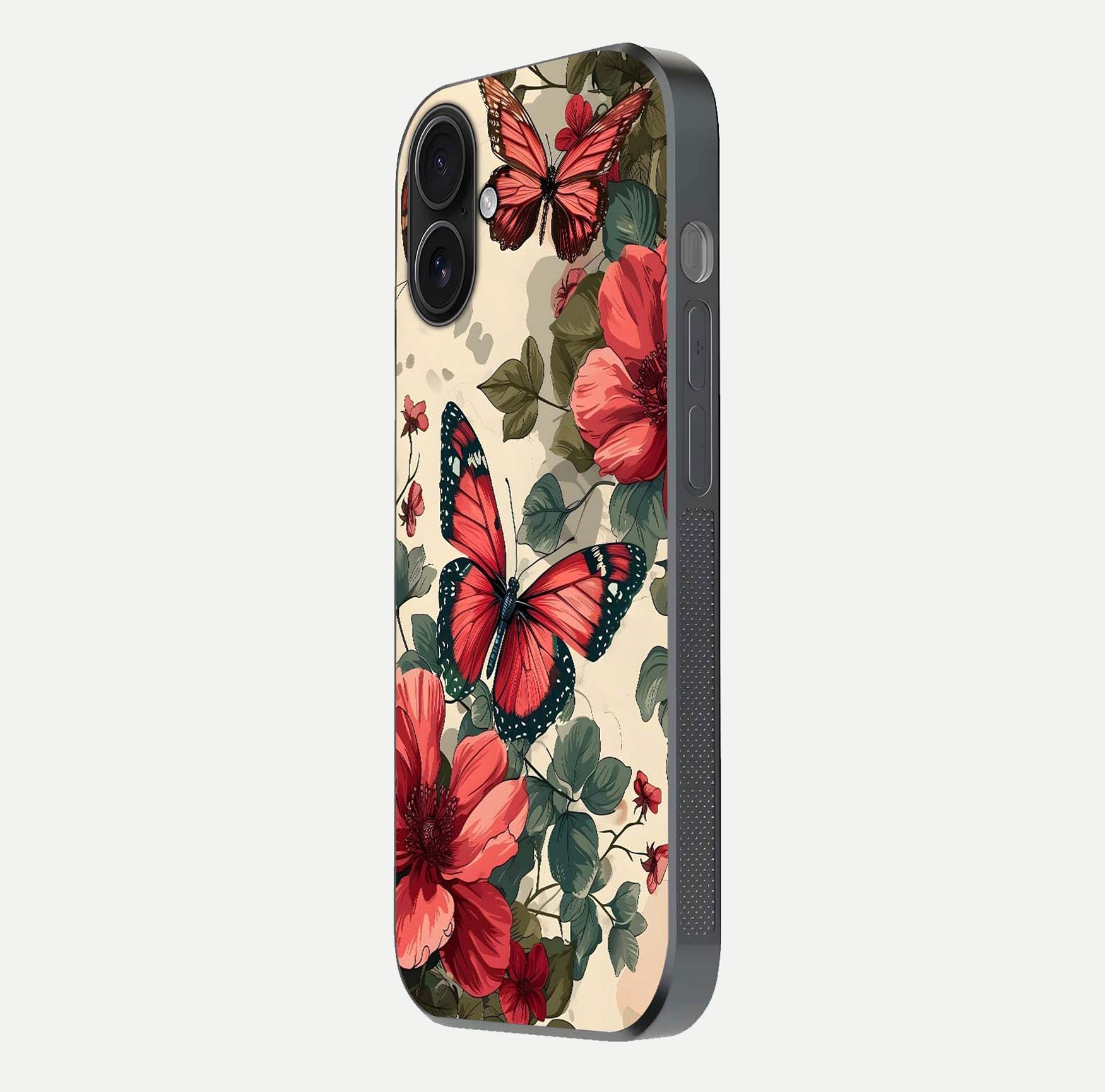 Crimson Butterfly Garden Glass Case for iPhone 16 side-angle photo capturing gloss texture and soft tone