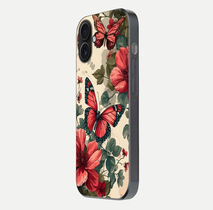 Crimson Butterfly Garden Glass Case for iPhone 16 side-angle photo capturing gloss texture and soft tone