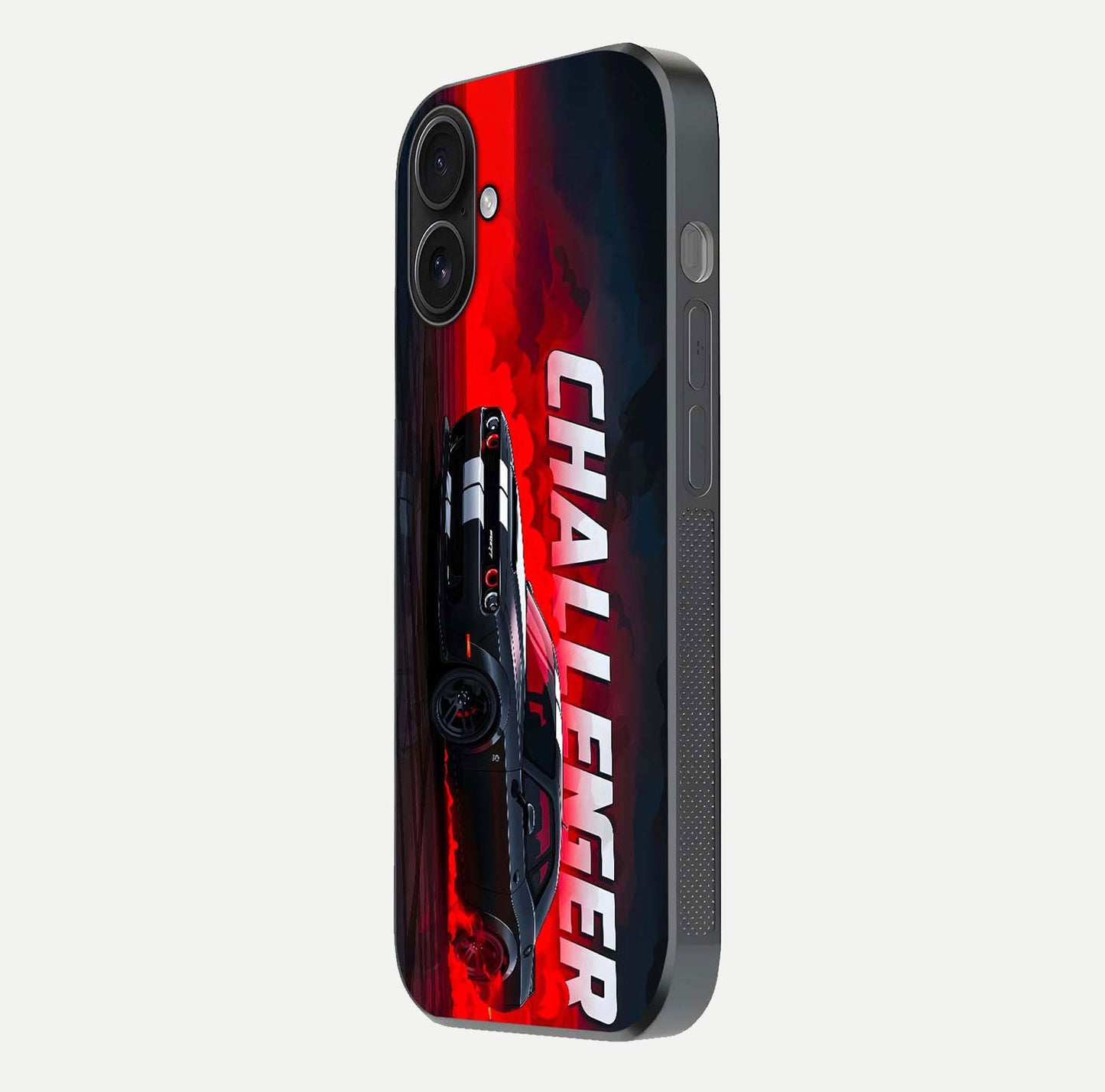 Crimson Challenger Fury Glass Case for iPhone 16 side-angle image showing curve reflection and red finish