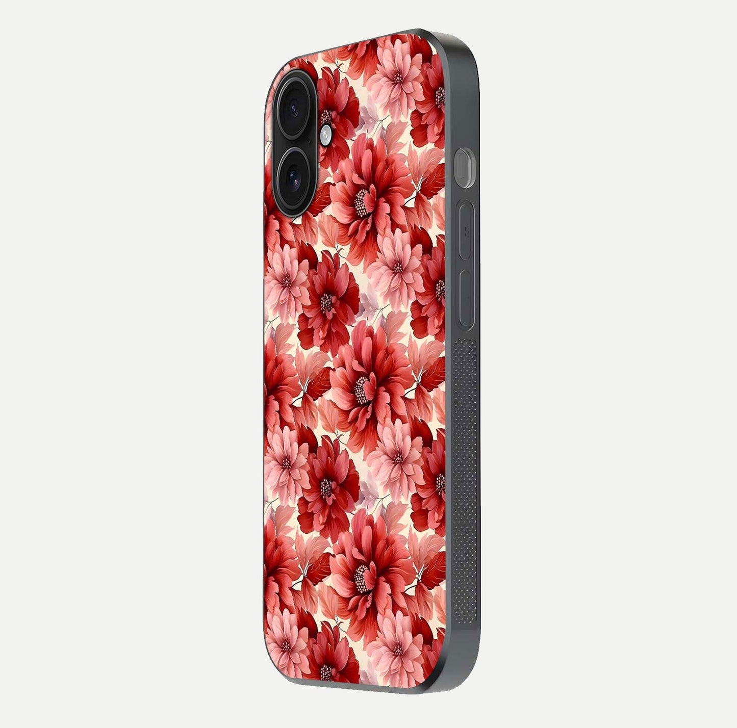 Crimson Love Petals Glass Case for iPhone 16 side-angle photo showing reflection glow and edge clarity