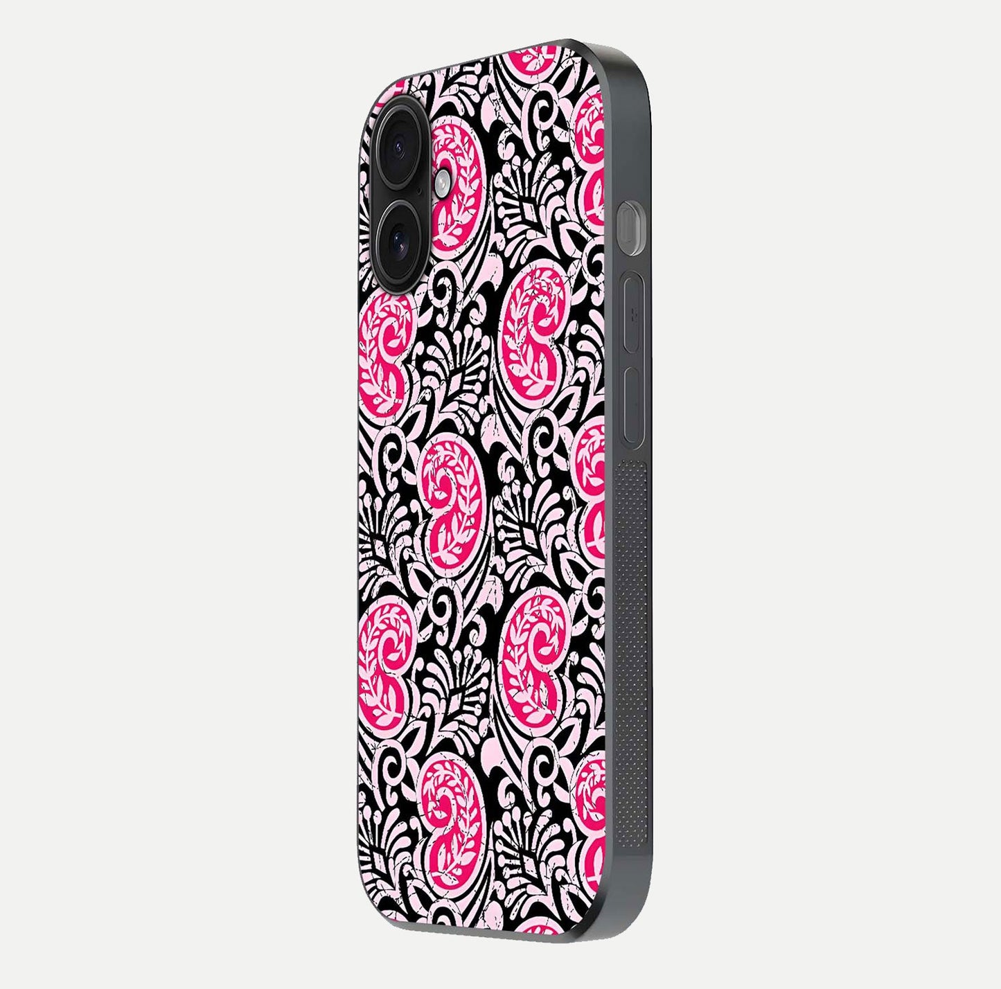 Crimson Paisley Charm Glass Case for iPhone 16 side-angle image showing reflection and smooth edges