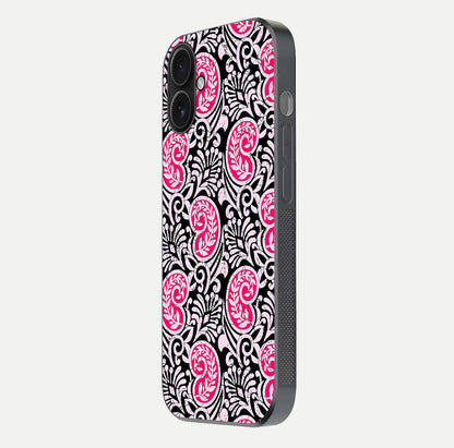 Crimson Paisley Charm Glass Case for iPhone 16 side-angle image showing reflection and smooth edges