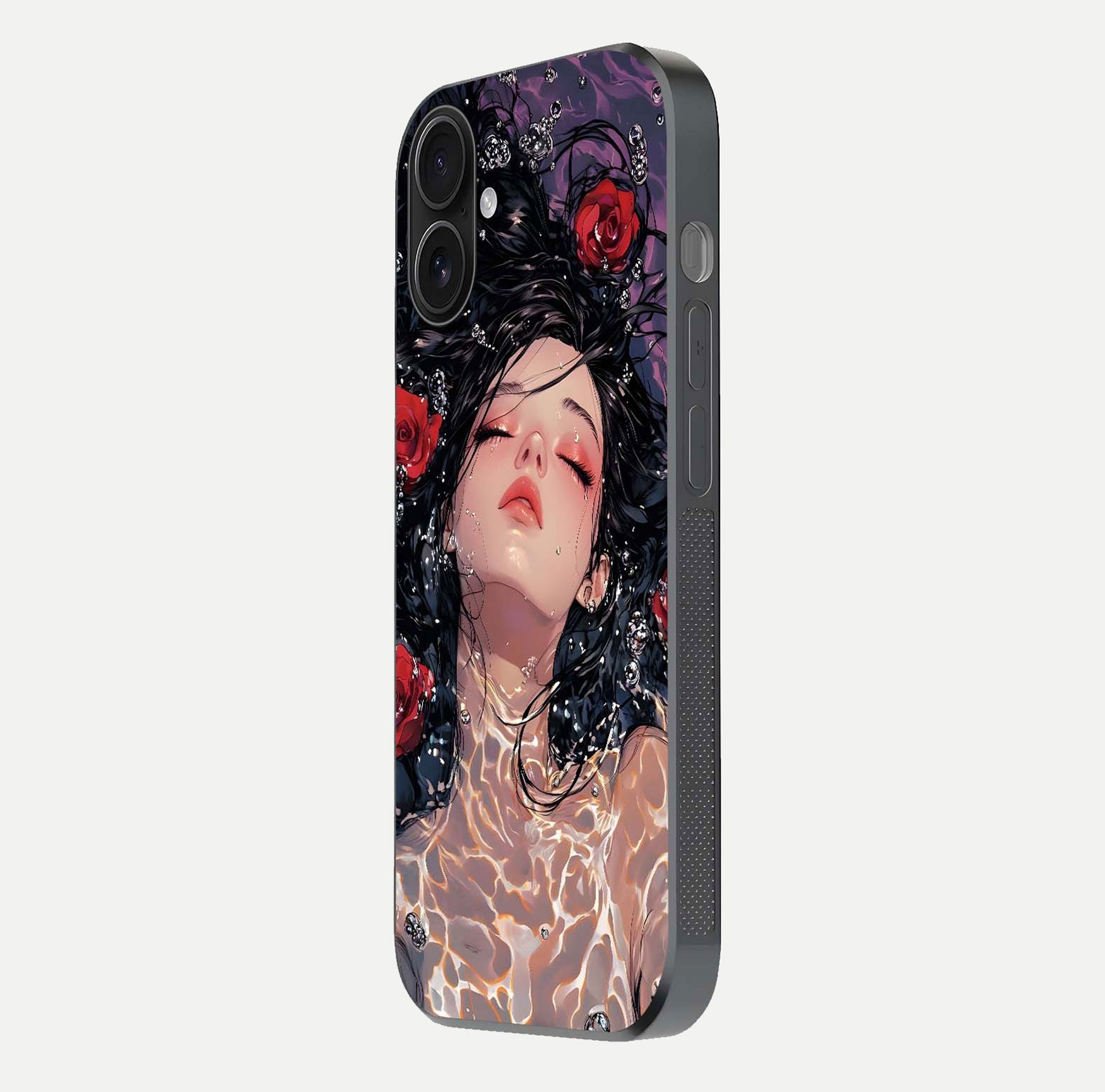 Crimson Rose Serenity Glass Case for iPhone 16 side-angle photo showing glass reflection and soft edges