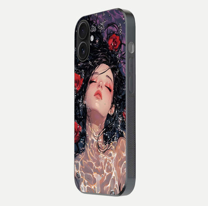 Crimson Rose Serenity Glass Case for iPhone 16 side-angle photo showing glass reflection and soft edges