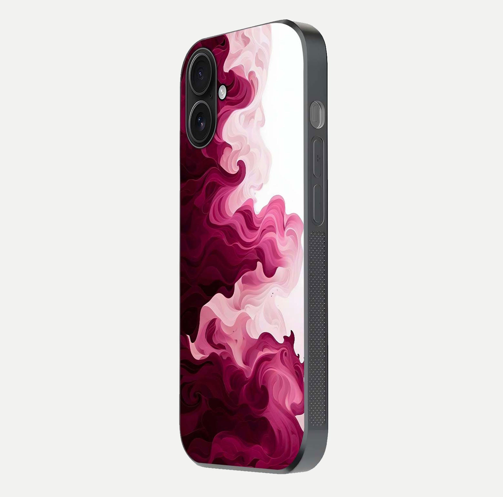 Crimson Wave Flow Glass Case for iPhone 16 side-angle photo showing reflection glow and HD finish