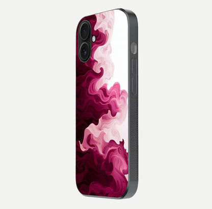 Crimson Wave Flow Glass Case for iPhone 16 side-angle photo showing reflection glow and HD finish