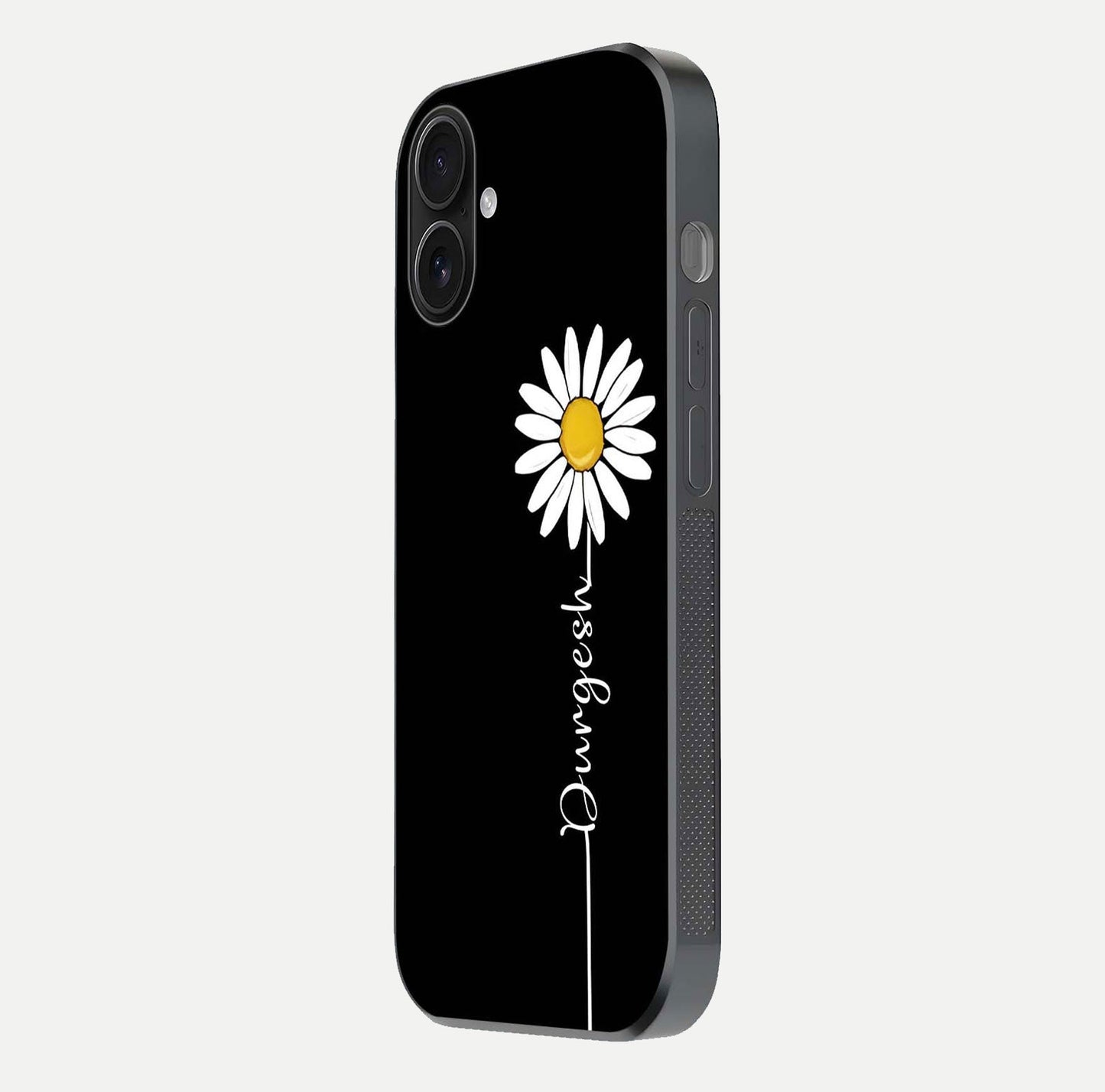 Custom Name White Flower Glass Case for iPhone 16 side-angle photo showing reflection shine and name clarity