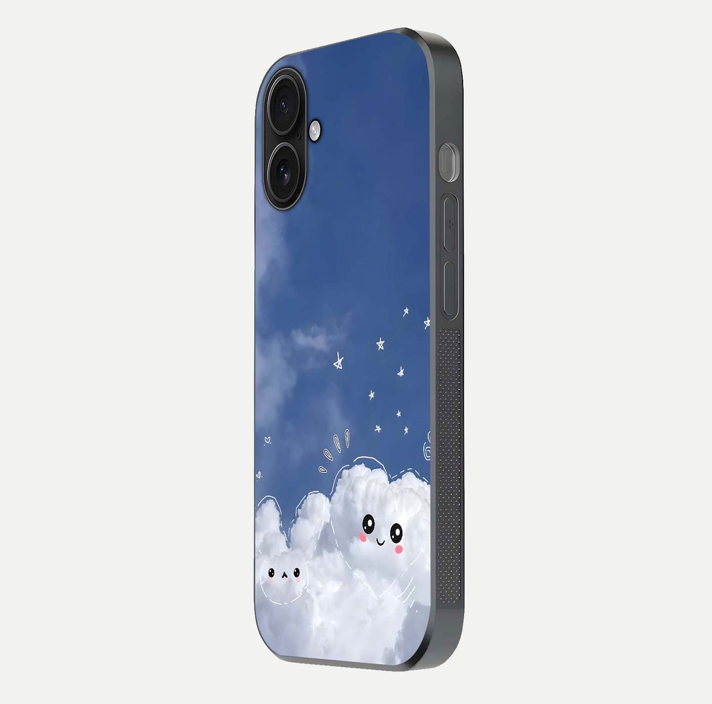 Cute Blossom Cloud Glass Case for iPhone 16 side-angle image capturing gloss texture and curve reflection