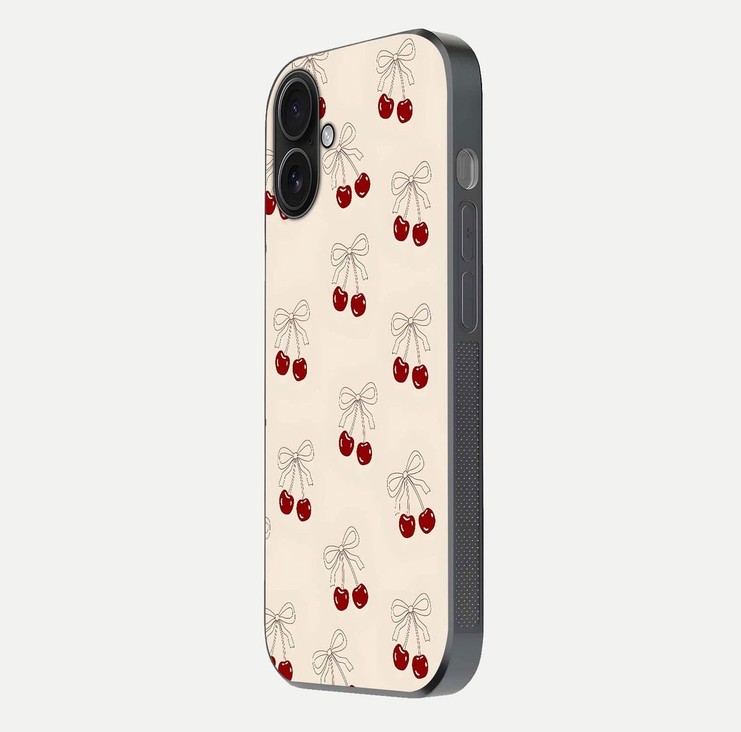 Cute Cherry Pattern Glass Case for iPhone 16 side-angle photo highlighting gloss curve and pattern clarity