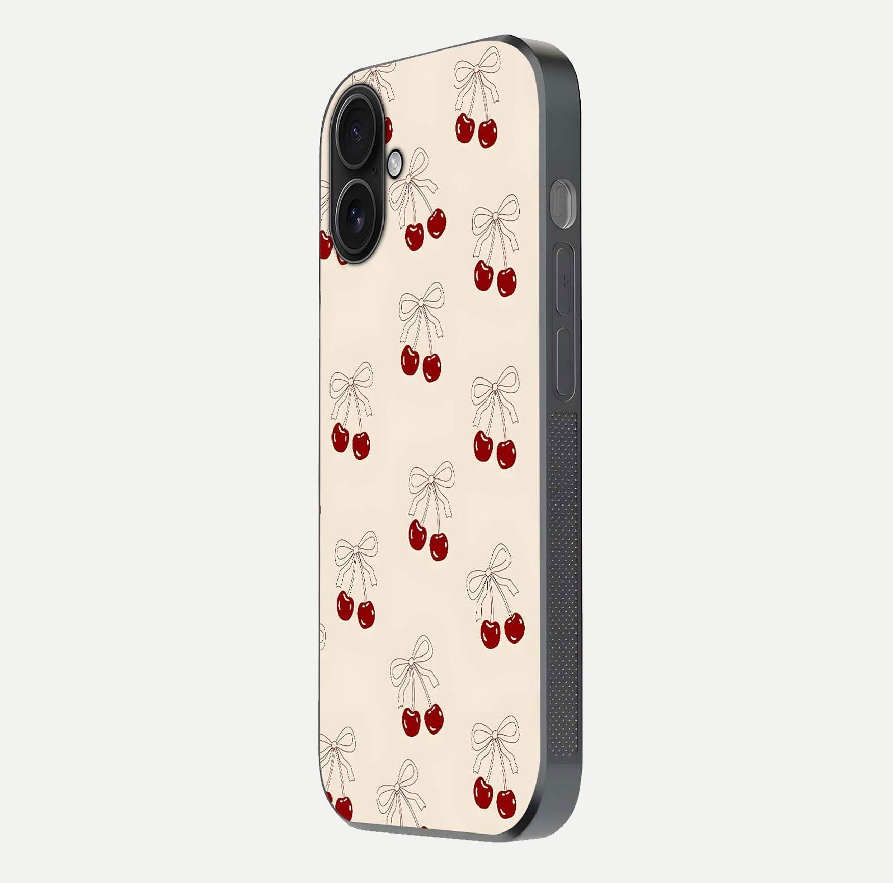 Cute Cherry Pattern Glass Case for iPhone 16 side-angle photo highlighting gloss curve and pattern clarity