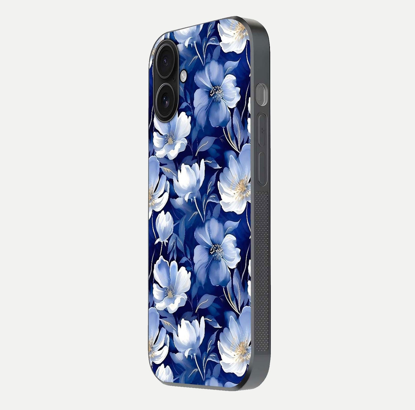 Cute Floral Patterns Glass Case for iPhone 16 side-angle image showing polished surface and gloss tone