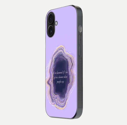 Damned People Quote Glass Case for iPhone 16 side-angle image showing light shine and smooth edges
