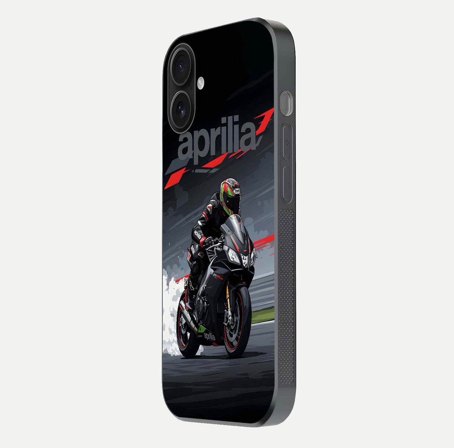 Dark Aprilla Glass Case for iPhone 16 side-angle photo showing reflection gloss and curved edge finish