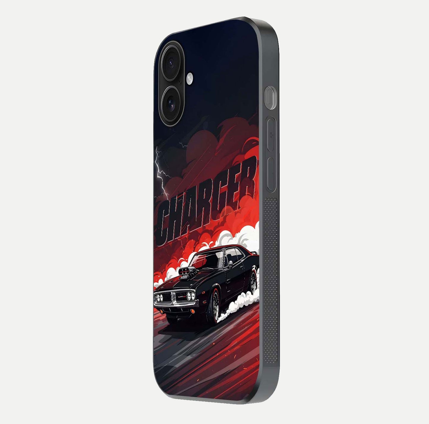 Dark Charger Fury Glass Case for iPhone 16 side-angle image showing edge gloss and bold tone