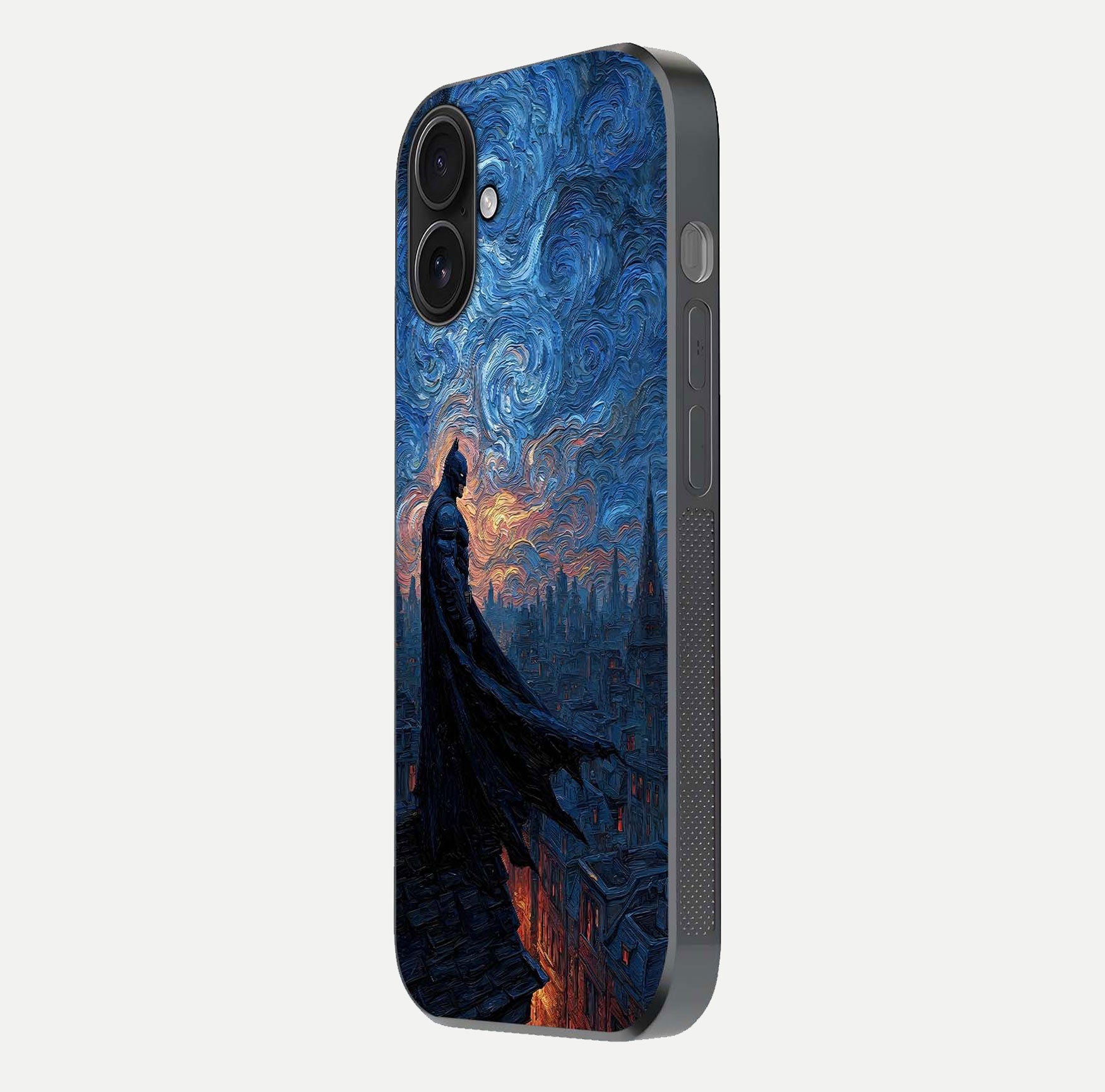 Dark Knight Dusk Glass Case for iPhone 16 side-angle image capturing reflection shine and bold contrast