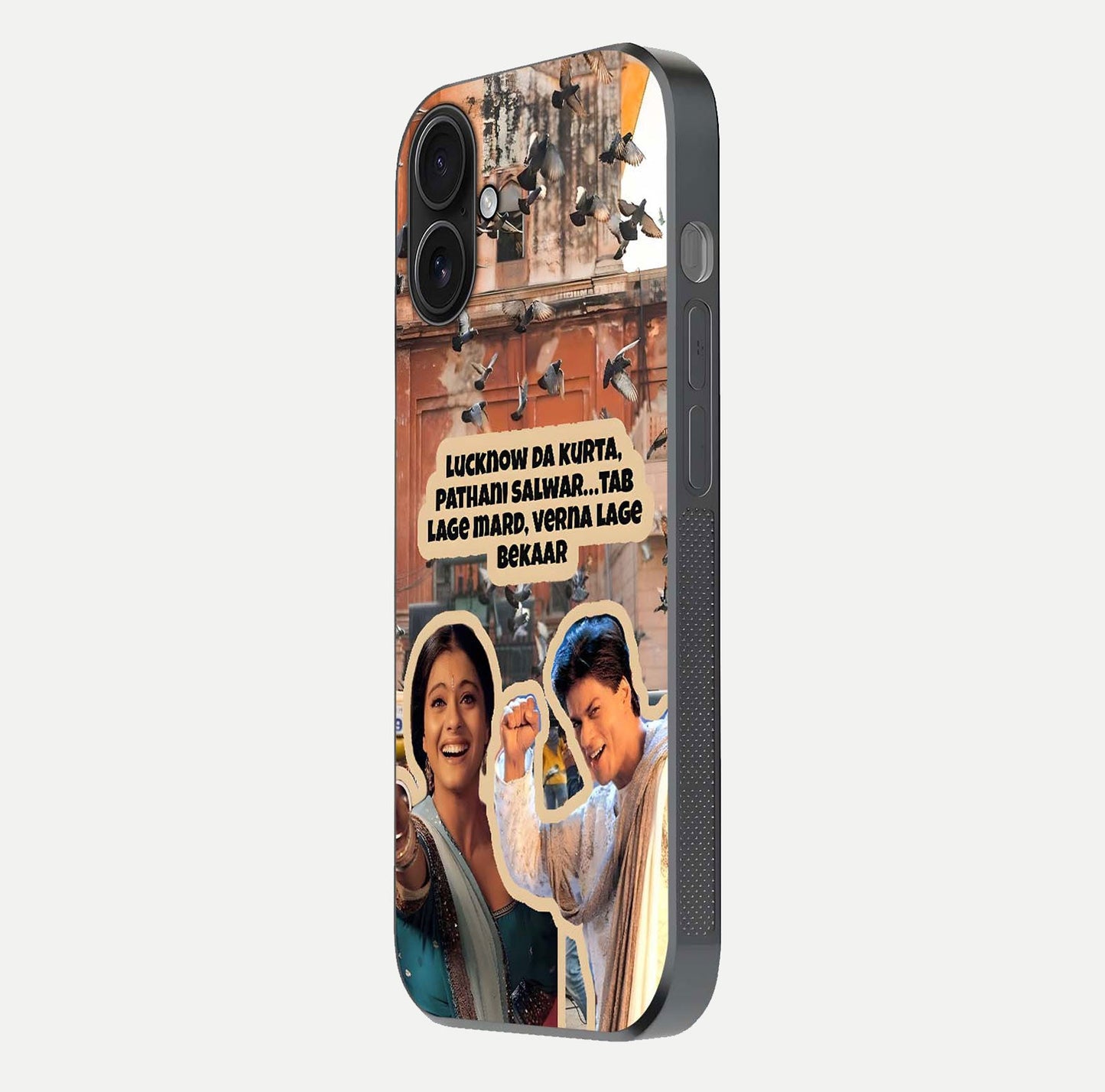 Desi Retro Vibes Glass Case for iPhone 16 side-angle image displaying gloss texture and bold pattern