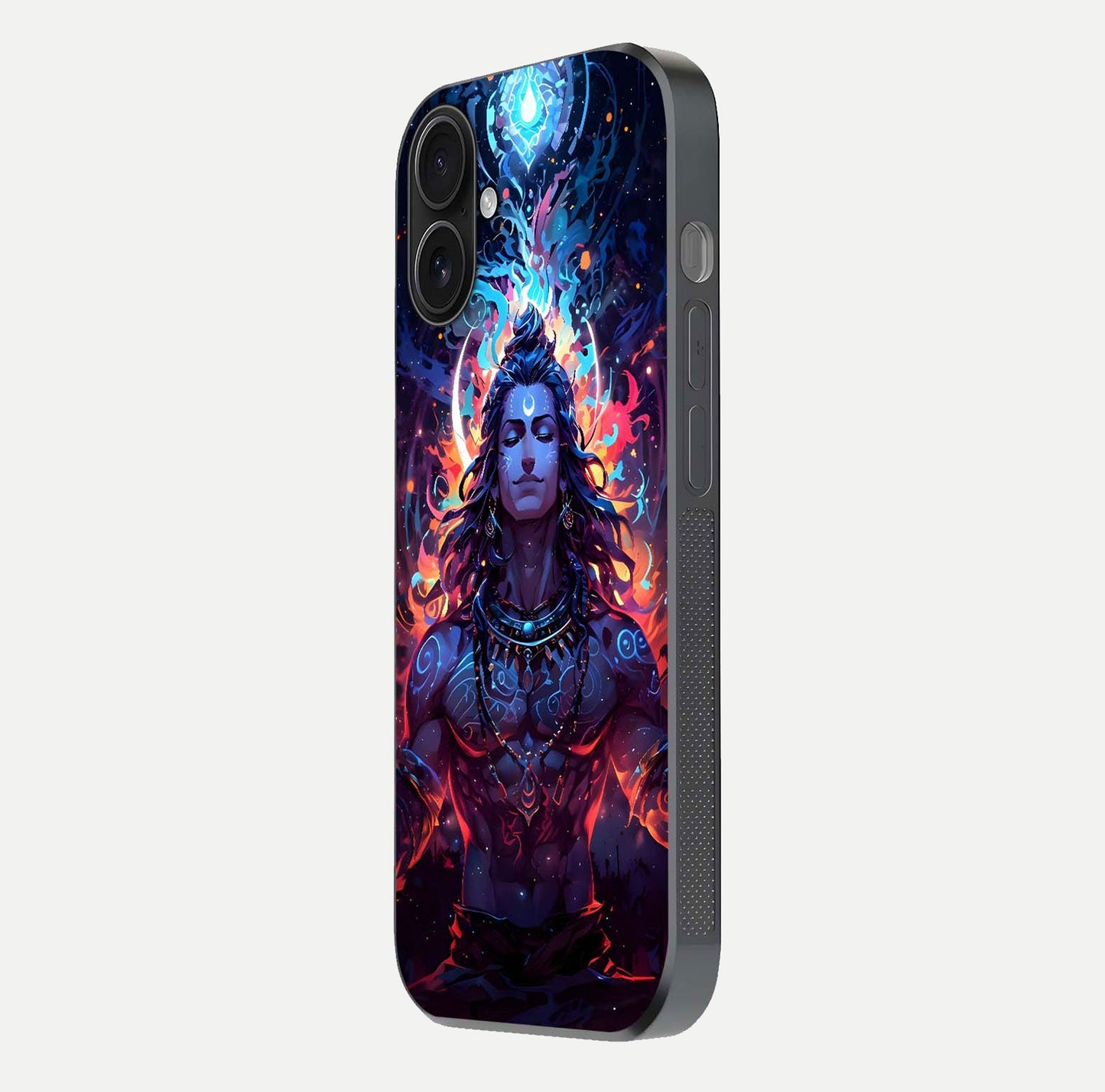 Divine Fire Shiv Glass Case for iPhone 16 side-angle image showing reflection clarity and shine