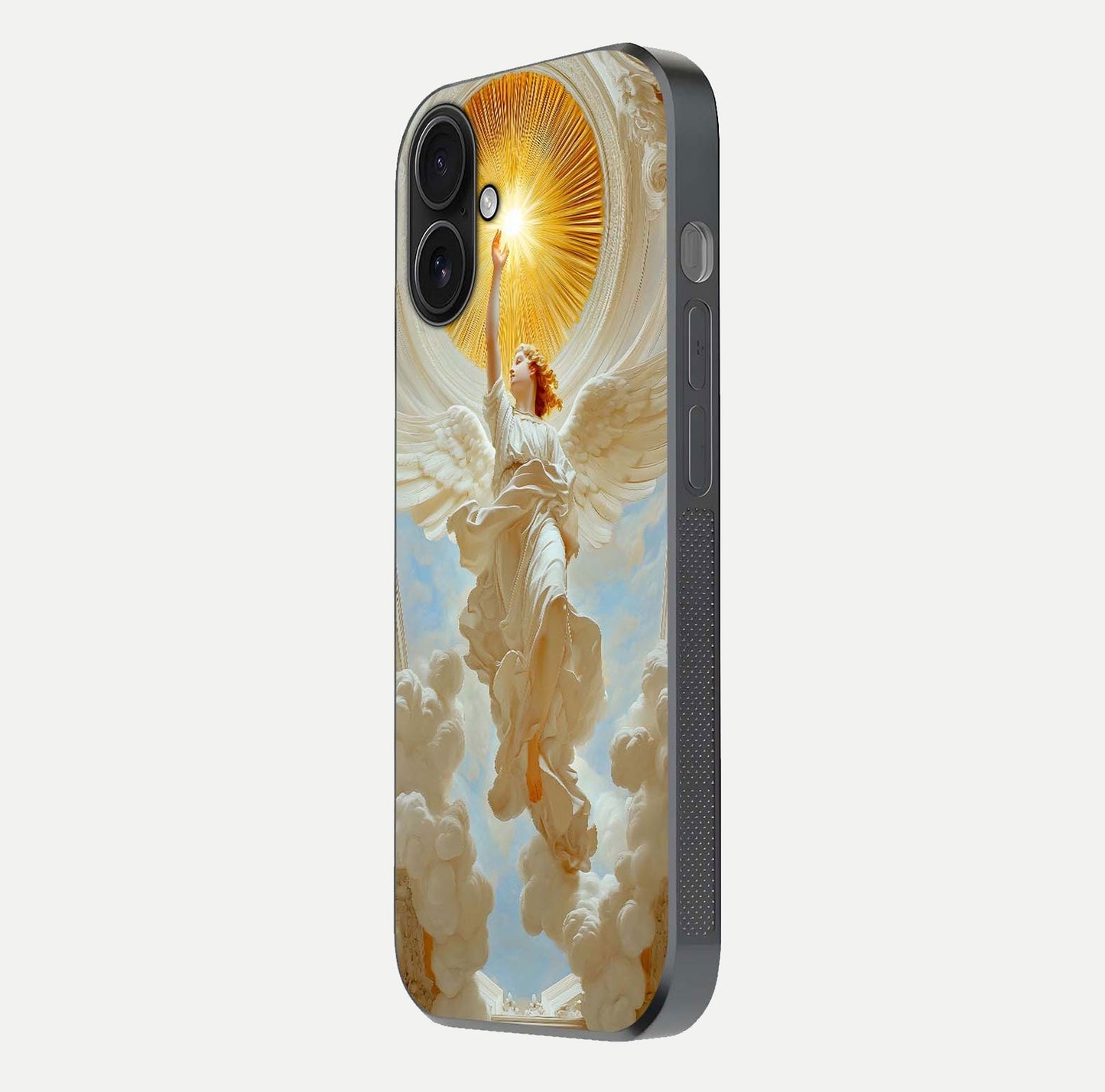 Divine Light Angel Glass Case for iPhone 16 side-angle image capturing reflection shine and edge finish
