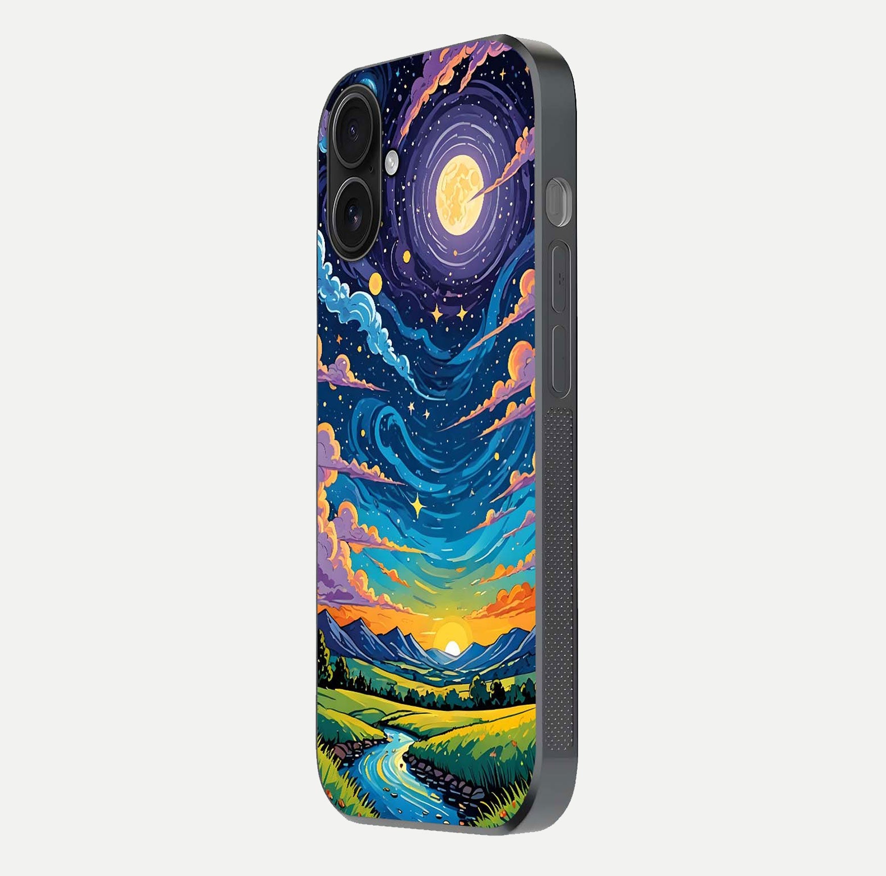 Dreamy Night Landscape Glass Case for iPhone 16 side-angle photo capturing reflection glow and edge detail