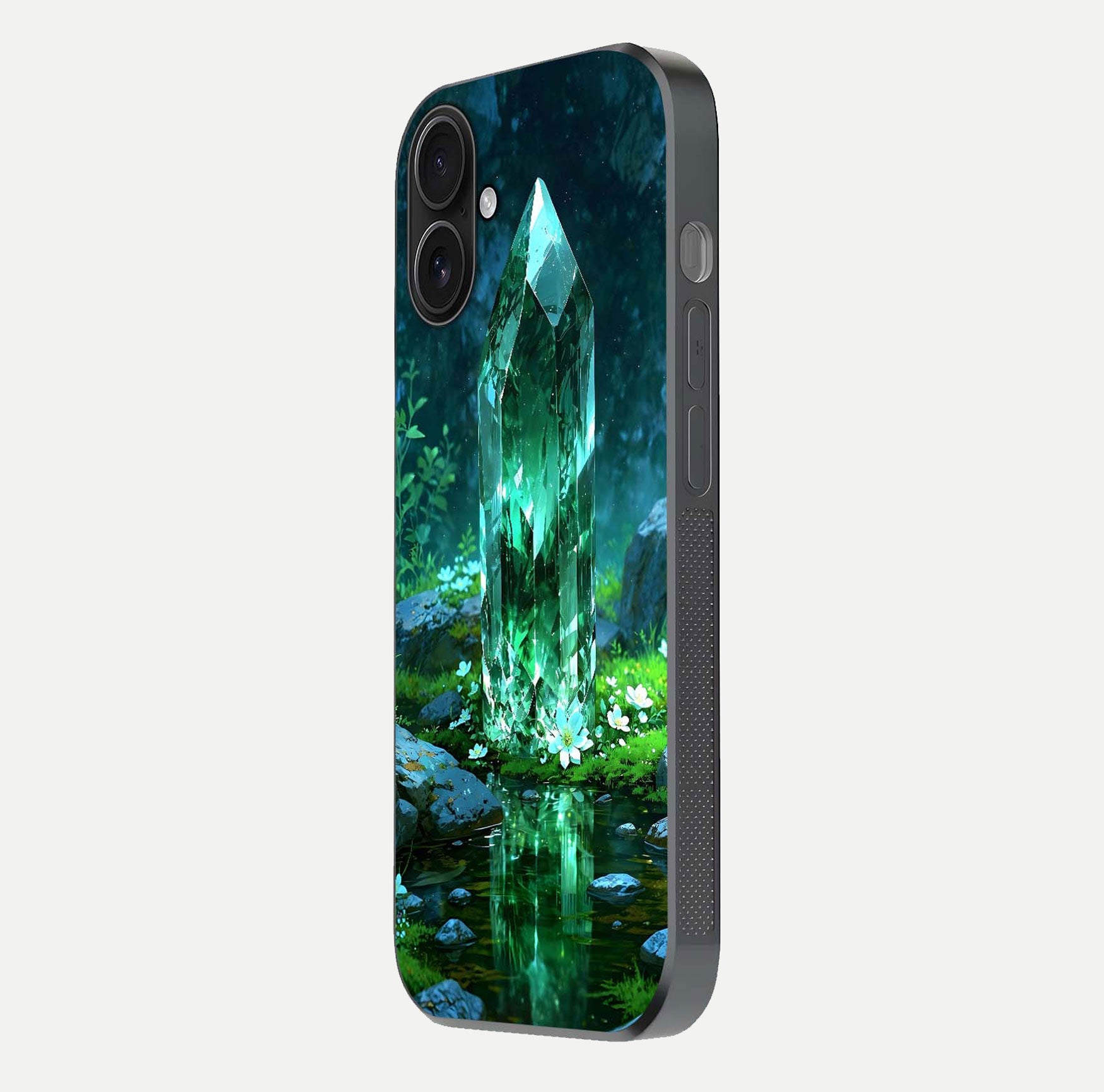 Emerald Light Crystal Glass Case for iPhone 16 side-angle image showing gloss reflection and curved border