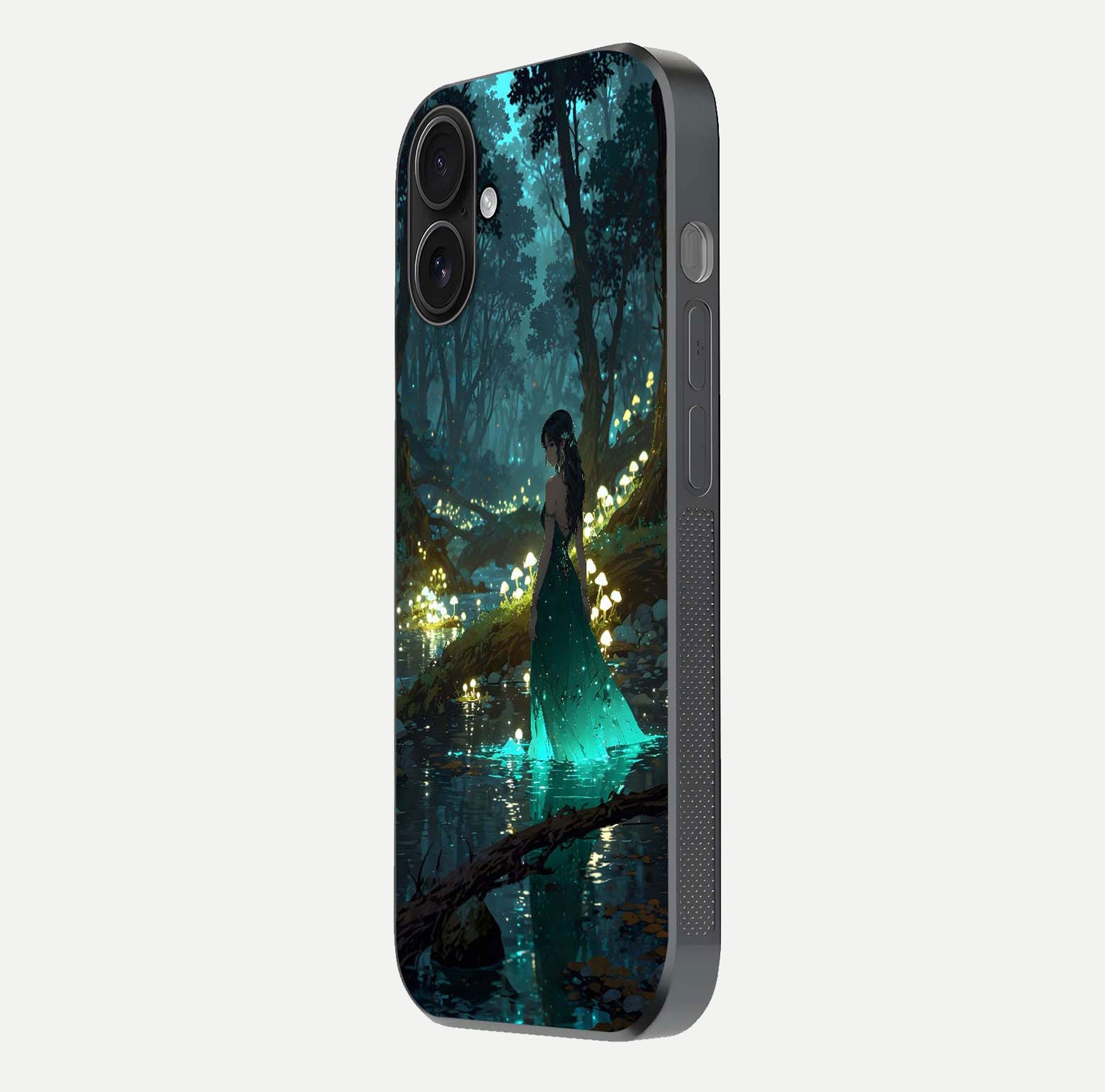 Enchanted Forest Glow Glass Case for iPhone 16 side-angle image capturing shine reflection and rich detail
