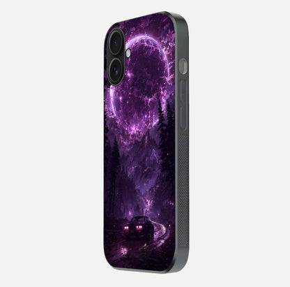 Eternal Cosmic Drive Glass Case for iPhone 16 side-angle image showing reflection texture and color contrast