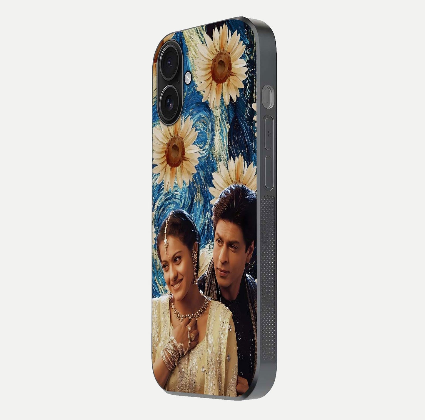 Eternal Love Story Glass Case for iPhone 16 side-angle photo showing curved edges and polished surface