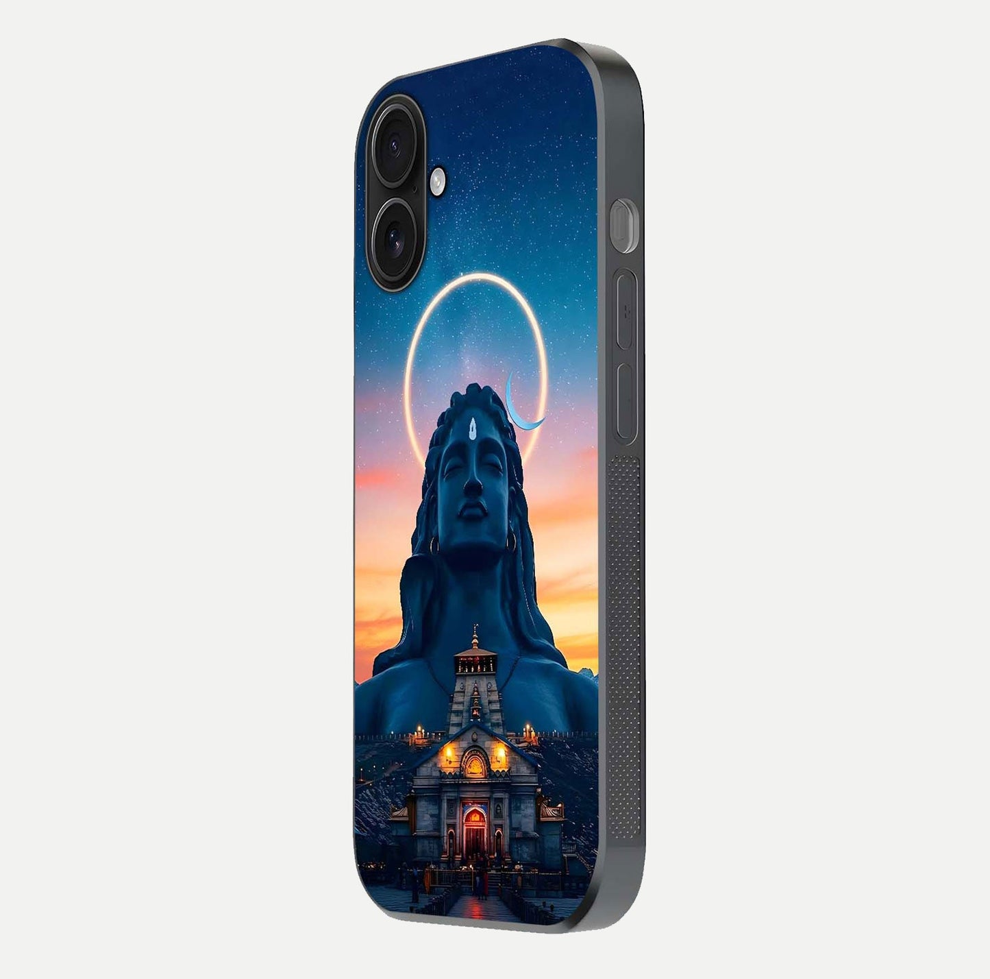 Eternal Shiva Aura Glass Case for iPhone 16 side-angle image showing reflection clarity and rich tone