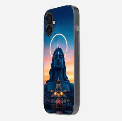 Eternal Shiva Aura Glass Case for iPhone 16 side-angle image showing reflection clarity and rich tone