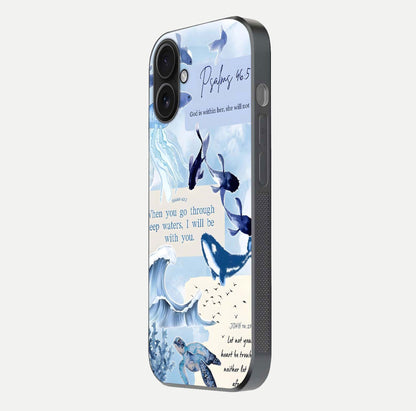 Faithful Ocean Promise Glass Case for iPhone 16 side-angle photo showing reflection glow and color clarity
