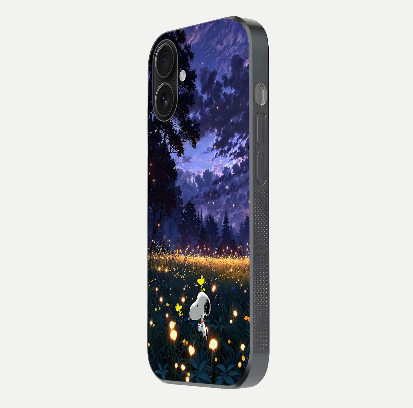 Firefly Meadow Magic Glass Case for iPhone 16 side-angle image capturing glow reflection and fine texture