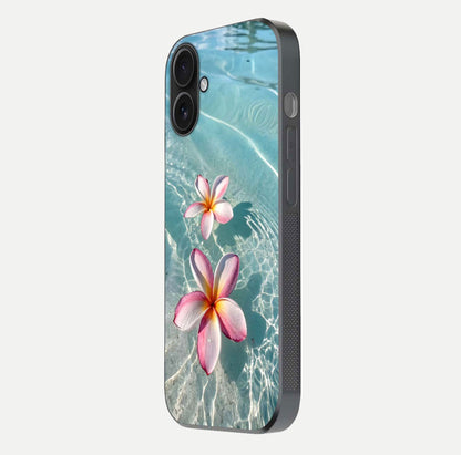 Floating Bloom Bliss Glass Case for iPhone 16 side-angle photo showing smooth reflection and elegant curve