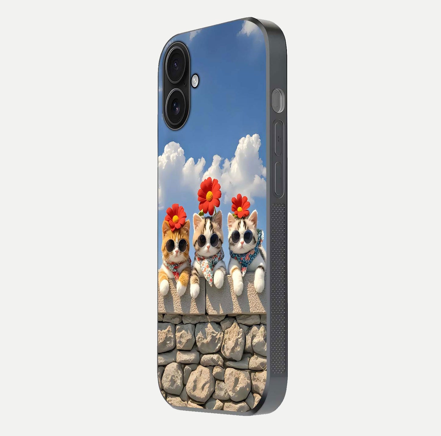 Floral Kitty Squad Glass Case for iPhone 16 side-angle photo showing reflection glow and polished surface