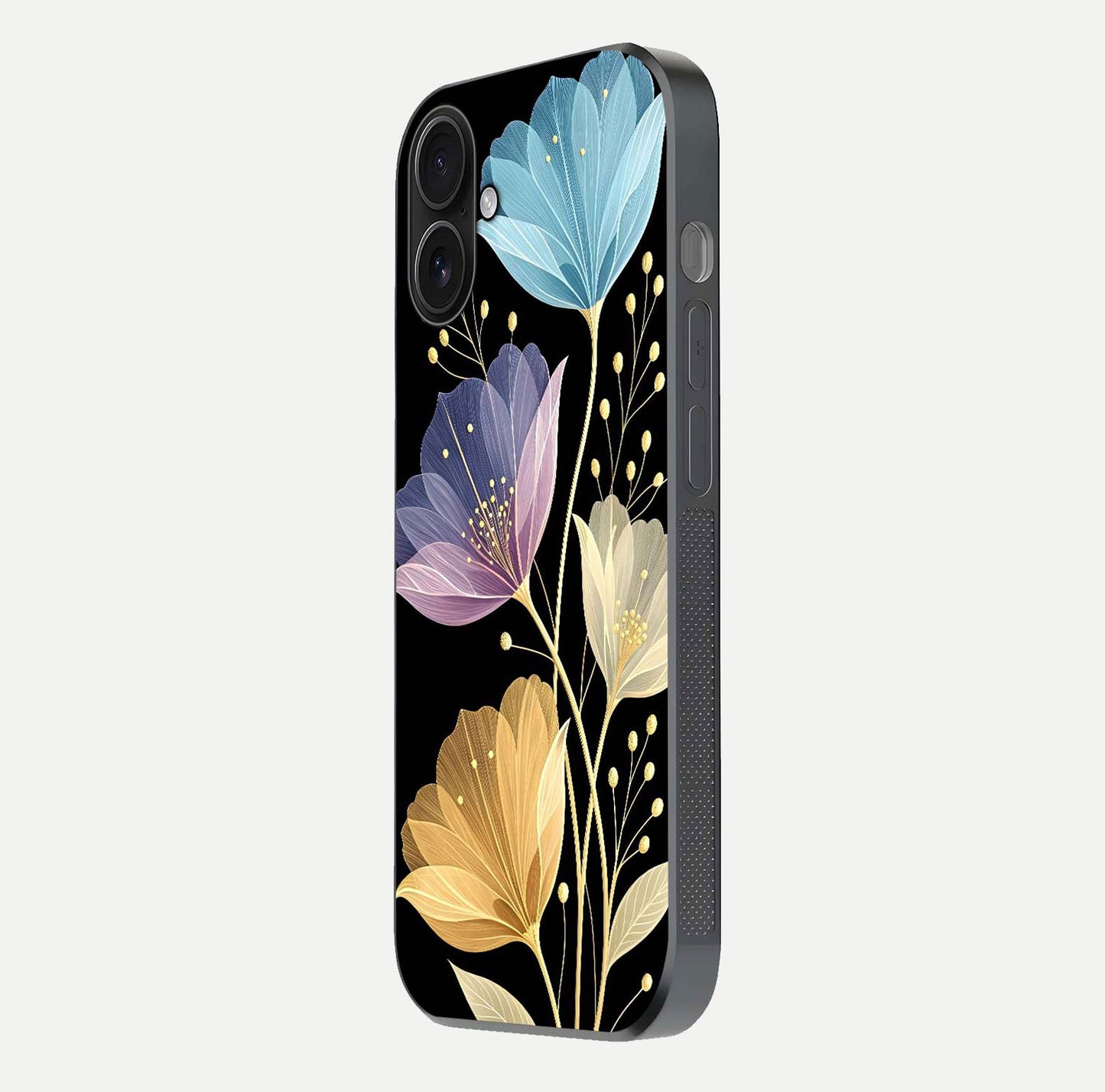 Flower Bloom Glow Glass Case for iPhone 16 side-angle image capturing gloss reflection and flower glow