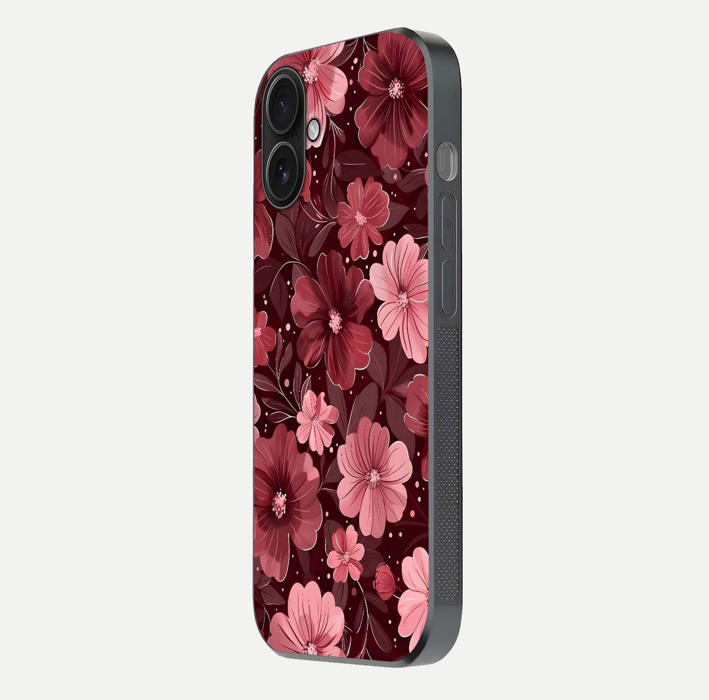 Flower Blush Bloom Glass Case for iPhone 16 side-angle photo showing glass reflection and delicate hues