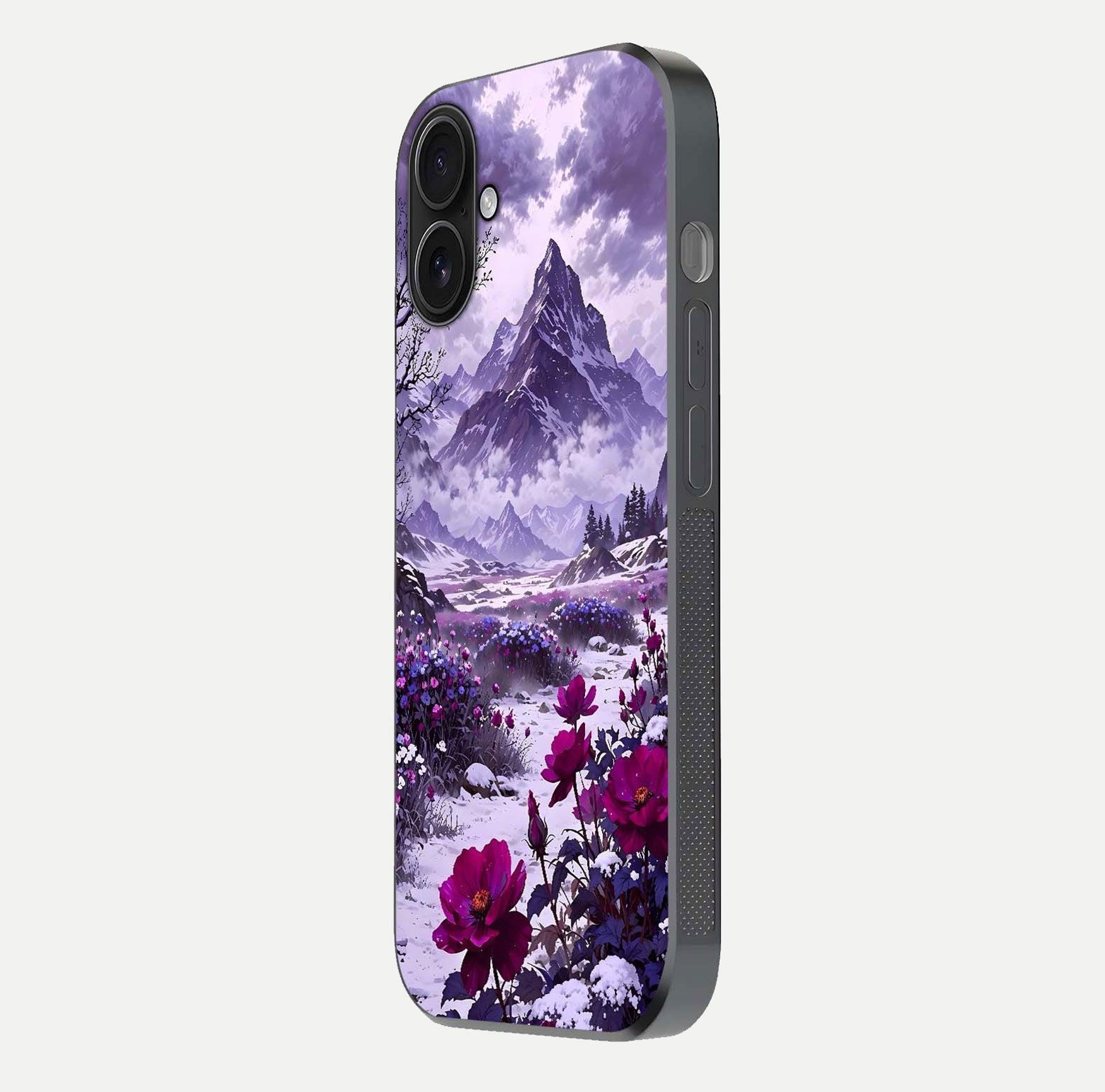 Flower Mountain View Glass Case for iPhone 16 side-angle image showing gloss polish and smooth edge