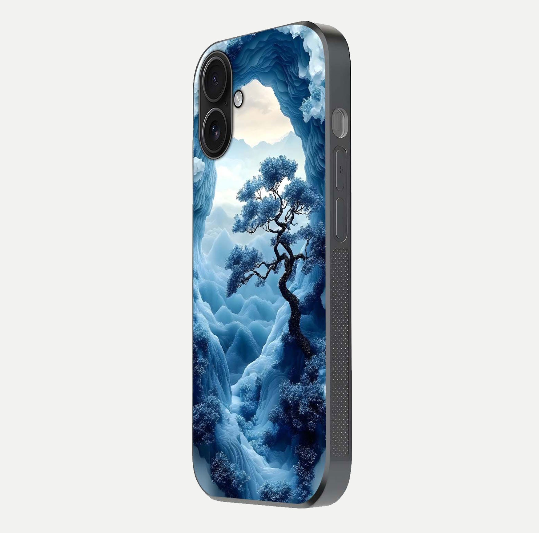 Frozen Serenity Gate Glass Case for iPhone 16 side-angle photo showing reflective surface and cold tones