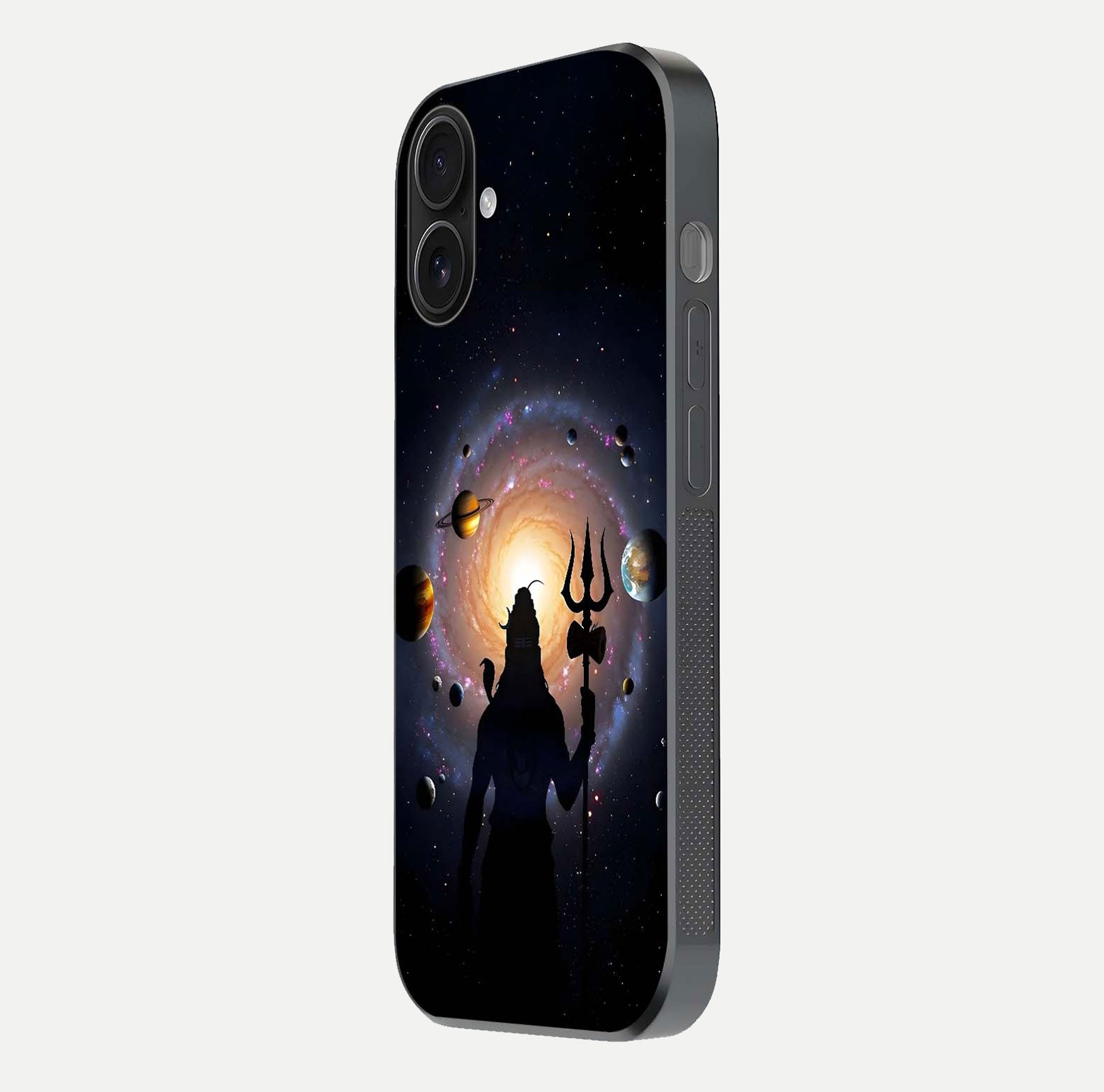 Galactic Shiva Vision Glass Case for iPhone 16 side-angle image showing light reflection, glass edges, and spiritual cosmic theme