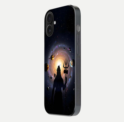 Galactic Shiva Vision Glass Case for iPhone 16 side-angle image showing light reflection, glass edges, and spiritual cosmic theme