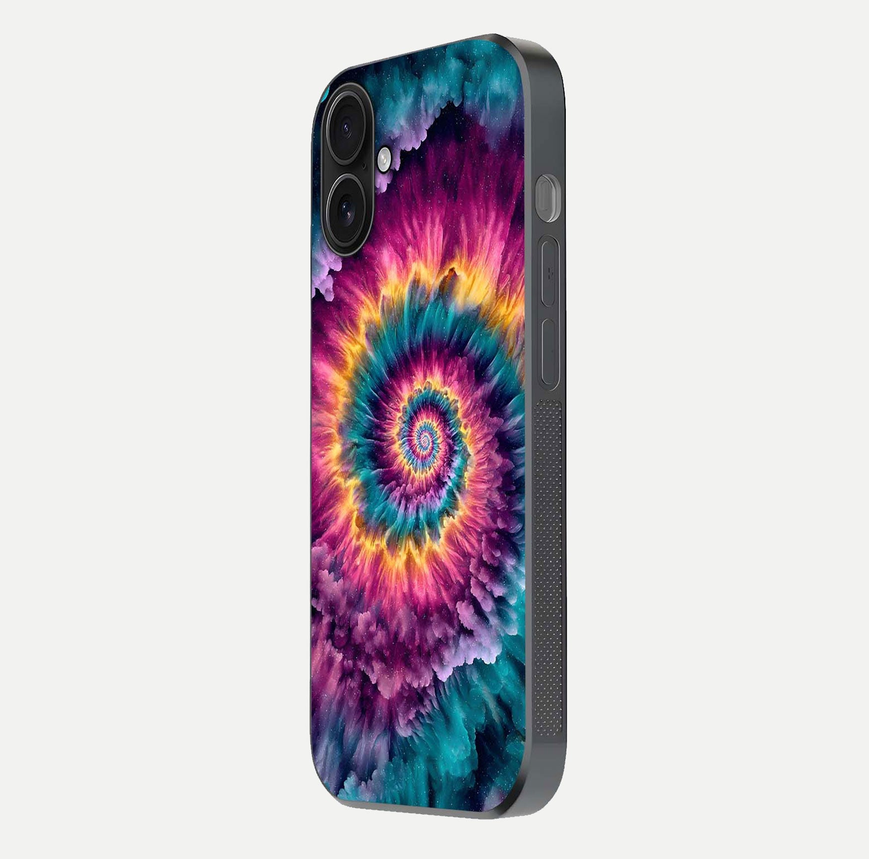Galactic Spiral Burst Glass Case for iPhone 16 side-angle image showing reflection clarity and vivid galactic texture